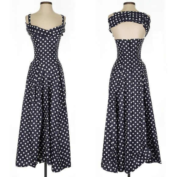 NWT Vintage 90s Laura Ashley Maxi Dress Navy Polka Dot Cottagecore Size 4 - Picture 2 of 16